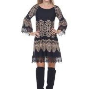 White Mark Black & Tan Lace Dress, Bell Sleeves, Size Medium